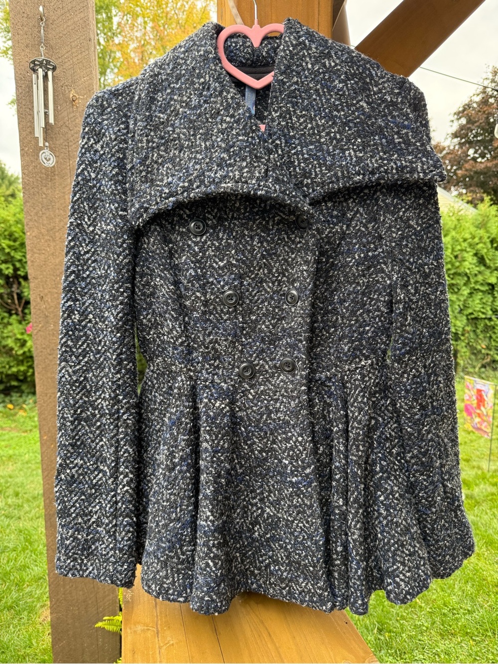 Free People Blue Tweed Peplum Double-Breasted Jacket / Short Coat - Size 10